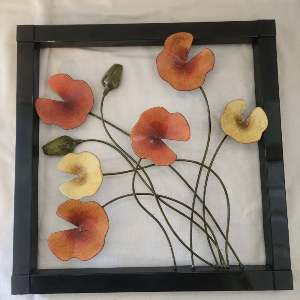 Orange/Yellow Poppy Flower Metal Wall Art W/Black Metal Frame